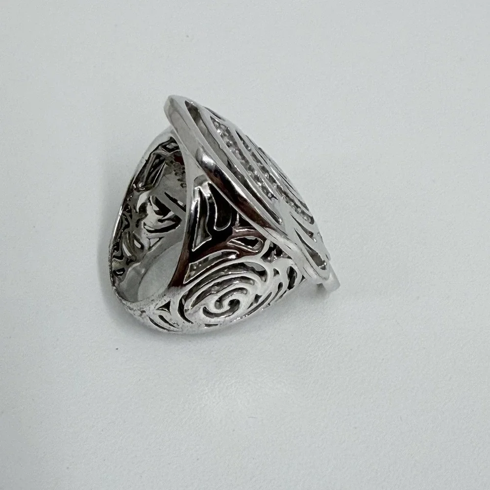 Lauren G Adams Silver Tone Metal Rose CZ Ring LGA Daisy Enamel Size 6 3/4 7
